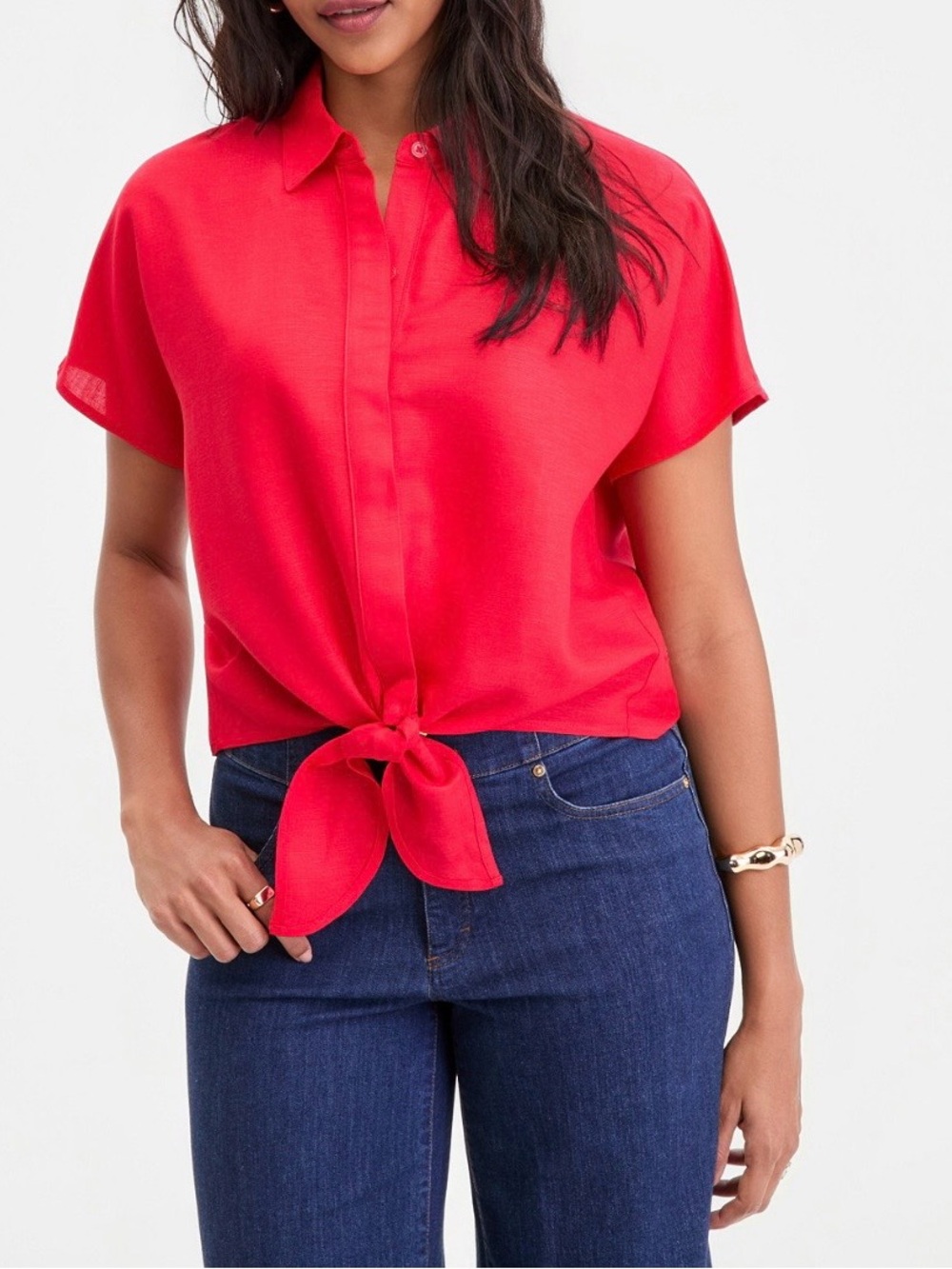 INC International Concepts Red Tie-Front Button Down Blouse L